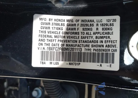 2021 Honda Civic Lx from USA, damaged, VIN 19XFC2F60ME201113